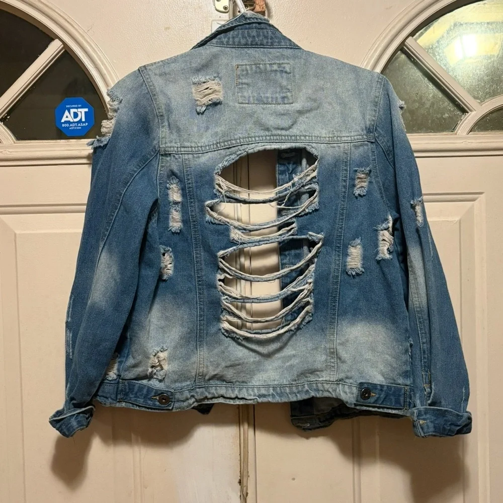 Distressed Light Blue Denim Jacket with Back Cutouts - Picture 3 of 3